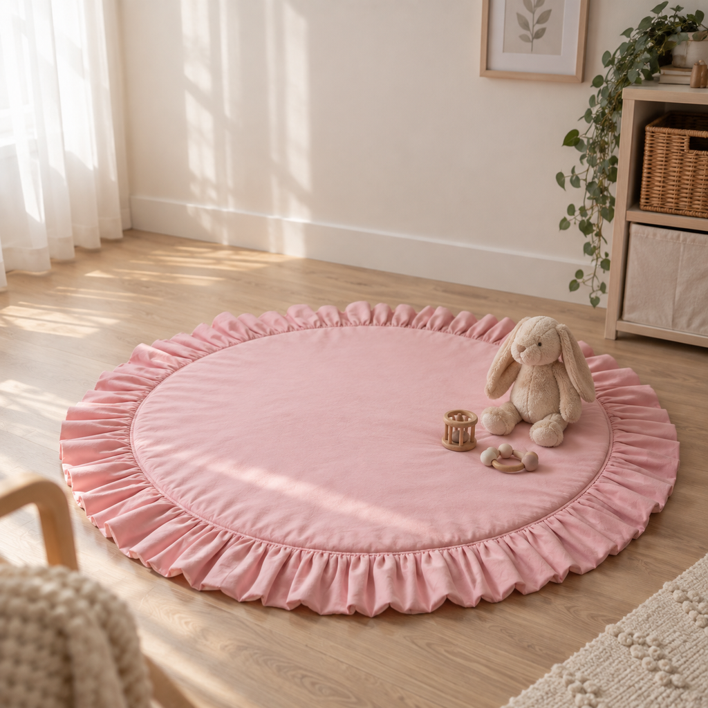 Spielmatte Baby – Runde Krabbelmatte mit Rüschen